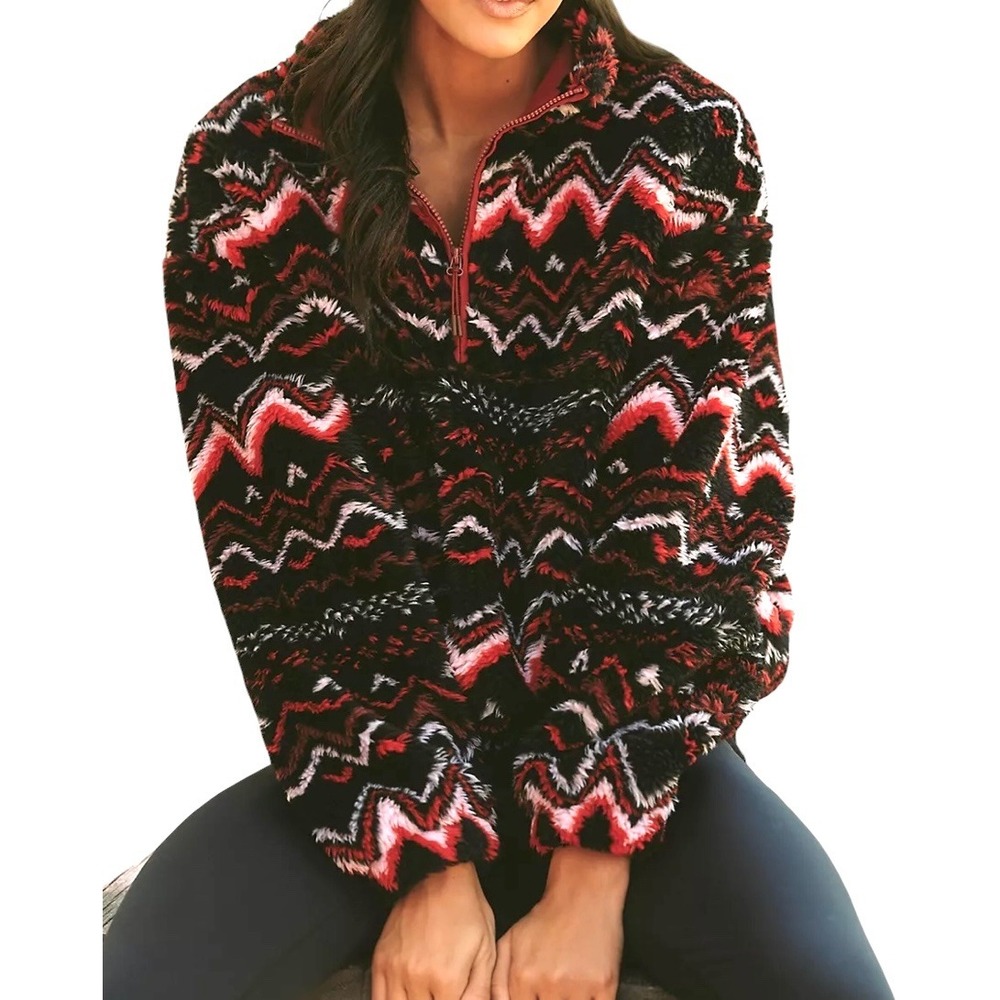 Anthropologie X Beach Riot Leona Slopes Sherpa 1/4-Zip Red Black Chevron S NWT